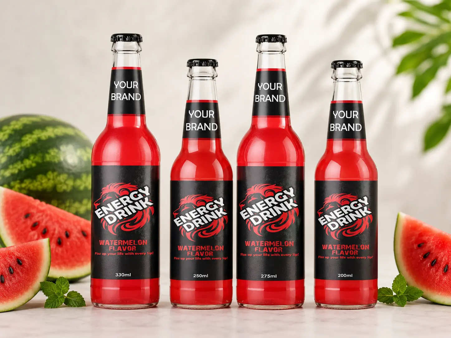 ENERGY DRINK Watermelon flavored drink available in 330ml, 250ml, 275ml and 200ml glass bottles